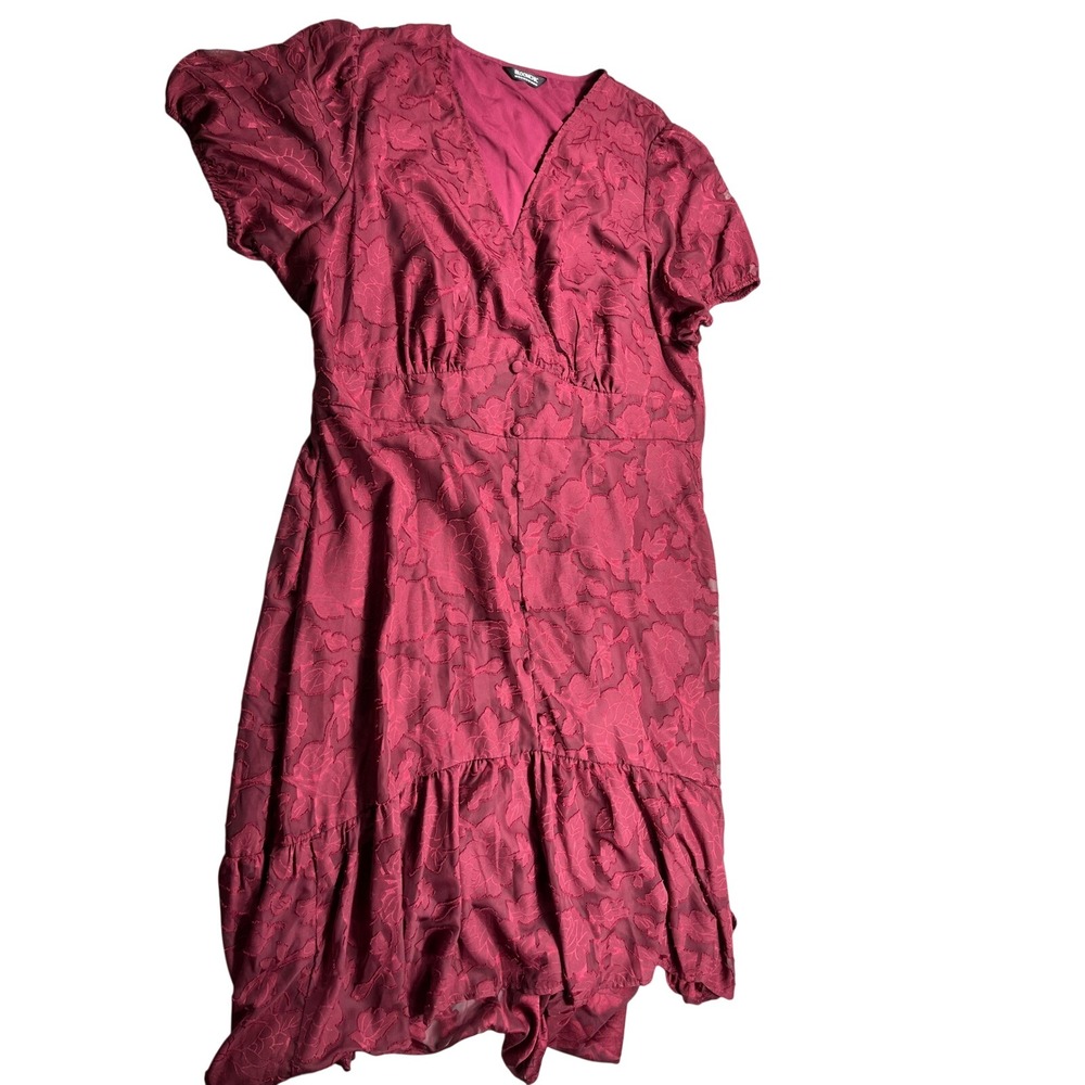 BloomChic‎ Women's 22-24 Burgundy Floral Jacquard Midi Dress Puff Sleeve